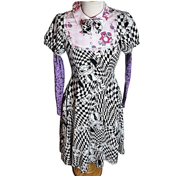 Disney Lilo & Stitch/Nightmare before Xmas Colab Warped Checkered Bowtie Dress P - Picture 1 of 8